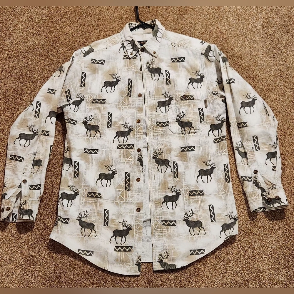 Mens Woolrich Retro Throwback 90s Flannel Meduim Elk Long Sleev Cream/Dark Green